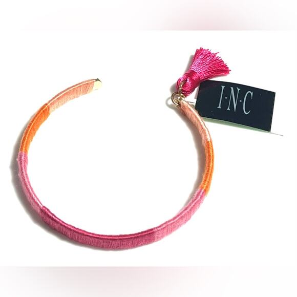 NEW INC Gold-Tone Tassel Charm Color-Block Thread-Wrapped BRACELET Pink Orange - Picture 4 of 5